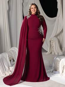 Vestido de noche formal con cuello Mao de talla grande para mujer, con detalles de cristal y strass en los hombros, elegantes mangas tipo capa transparente y silueta de sirena favorecedora, para galas de etiqueta negra, grandes banquetes, noches de ópera, recepciones de vino y bailes filantrópicos. Conjunto a juego para Navidad - Burdeos - Ver 4