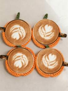 4 件套钩针南瓜杯垫、手工布艺饮料垫、秋季农舍装饰、感恩节餐桌配件、万圣节厨房礼物手工钩针万圣节南瓜杯垫、手工编织纱线、耐热杯垫、节日