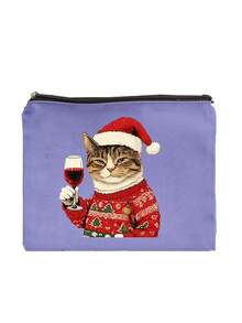 Cute Christmas Cat Holding A Red Wine Cosmetic Bag - A Cat Wearing A Christmas Hat And A Flowery Coat, A Multifunctional Storage Bag With Exquisite Printing And Unique Design, Suitable For Digital Bags, Hairdressing Bags, Swimming Bags,Bedroom Room Decor,Back To School - Multicolor - View 18