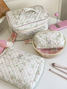 Lily Of The Valley Print Makeup Bag Foam Quilted Cosmetics Storage Bag Fresh Green Flower Pattern Toiletry Bag Large Capacity Cosmetics Storage Bag Set Portable Handheld Travel Makeup Pouch Pink Bow Decor Skincare Storage Bag Girlish Makeup Clutch Bag - Green - View 2