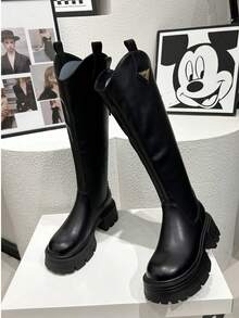 2025 秋冬新款黑色过膝长靴，厚底粗跟高跟靴，修身及膝马靴，适合娇小身材 - 黑色 - 查看 5