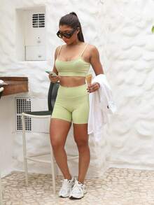 Conjunto Fitness Feminino Top Short Meia Coxa Cintura Alta Academia Esporte