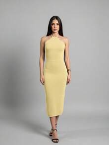 Halter Neck Midi Dress Knit Summer Simple Backless Asymmetrical Formal & Evening Wedding - Yellow - View 1