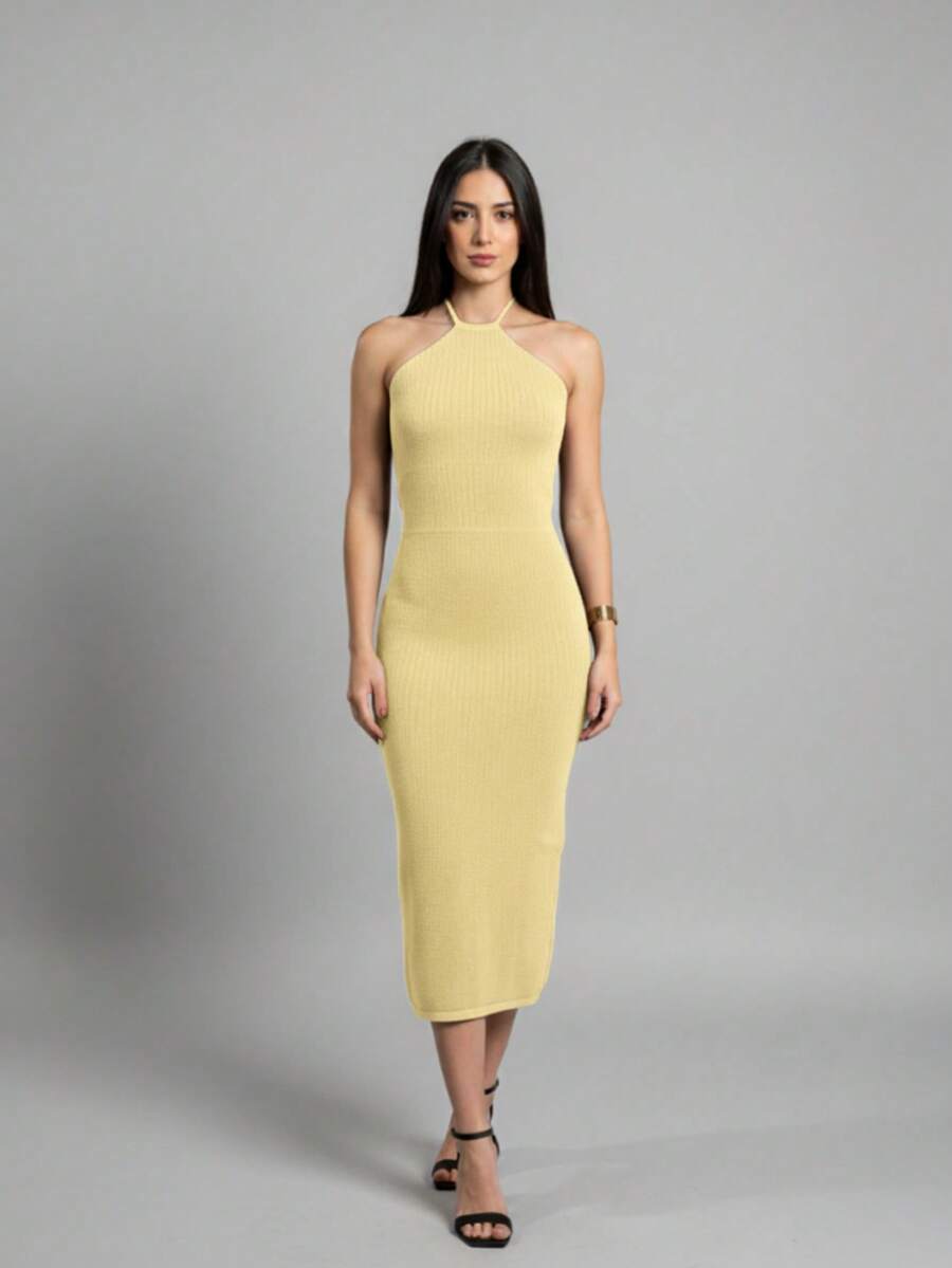 Halter Neck Midi Dress Knit Summer Simple Backless Asymmetrical Formal & Evening Wedding - Yellow - View 1