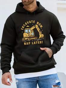Sudadera con capucha de felpa cálida para hombres con estampado de excavadora, cuello redondo, bolsillo canguro y cordón, sudadera de manga larga multifuncional y a, top casual suelto, ropa de otoño e invierno para hombres como regalo de vacaciones - Negro - Ver 7