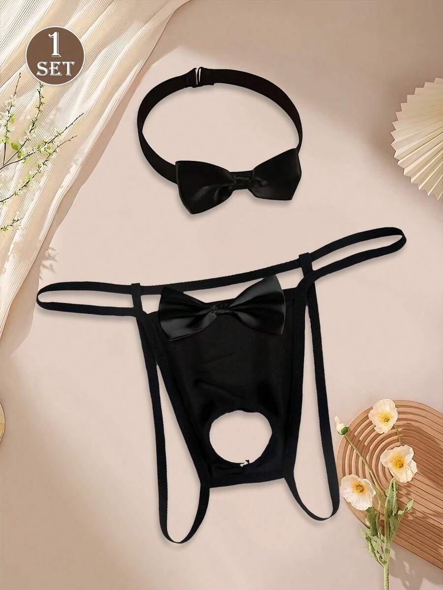 Men's Sexy Hollow Out Bowknot Black Thong With Neck Collar, Comfortable And Stylish - Black - View 1