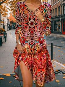 New Retro Casual & Elegant Women Long Dress, Fall/Winter - Red - View 2