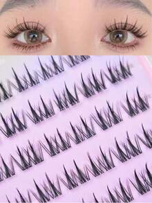 48pcs/Set Double-Pointed Wheat Ear Natural Look Soft Curly Cartoon Style Segmented Individual Cluster False Eyelashes, Suitable For Women Daily Commute, Date, Party - C - View 1