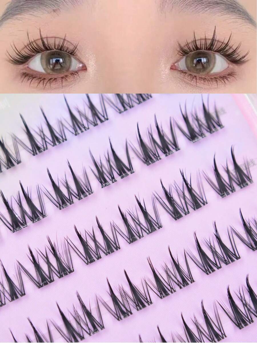48pcs/Set Double-Pointed Wheat Ear Natural Look Soft Curly Cartoon Style Segmented Individual Cluster False Eyelashes, Suitable For Women Daily Commute, Date, Party - C - View 1