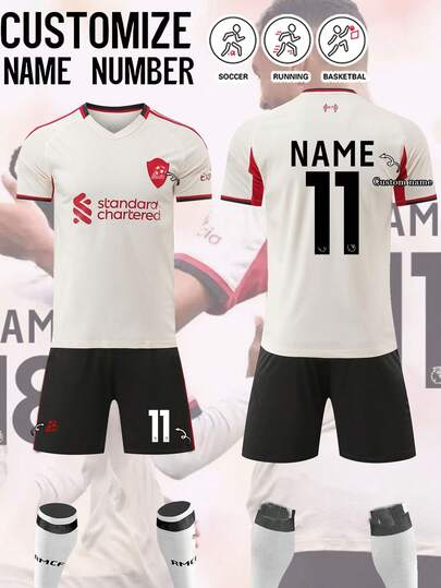 2pcs Liverpool Football Jersey, Personalized Men's Football Shirt, Red Football Uniform, Men's Sports Suit, Sports Set, Men's Running Outfit, Summer Men's Set, Men's T-Shirt Set, Football Jersey, Personalized Football Shirt, Football Jersey With Number Printing, Suitable For Football, Badminton, Basketball, Cycling
