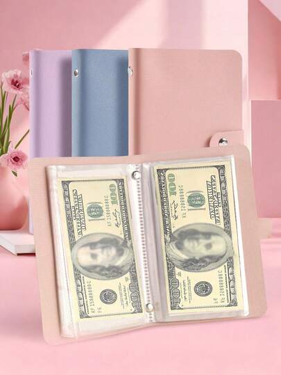 【现金收纳】现金收纳本，内含50个卡槽，可容纳100张纸币，并附有纸币照片、邮票和银行卡收纳页，A6大容量，女士钱包迷你钱包卡包