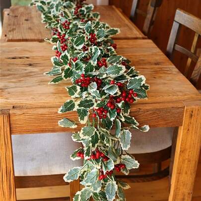 Ghirlanda natalizia artificiale con bacche rosse da 5,8 piedi, decorazione natalizia per interni ed esterni, per porta, camino, giardino