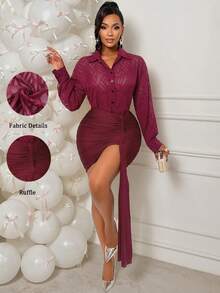 AIJ Amarilo Women's Autumn/Winter Elegant Party Ensemble Seductive Long-Sleeved Blouse With Jacquard Fabric Paired With Pleated Panel Bodycon Skirt Two Pieces Set - Dark Red - View 4