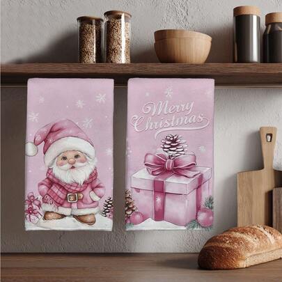 MEMNUN 2pcs Christmas Santa Claus Gift Box Illustration Printed Kitchen Towels, 15.75*23.62in (40*60cm) Super Soft Absorbent Microfiber Dish Towels, Hand Towels, Dish Cloths, Christmas Decor, Home Decor, Kitchen Decor, Cooking Baking Tea Towels, Cleaning Supplies, Suitable For Restaurant, Kitchen, Christmas Holiday Decoration And Gifts, All Season