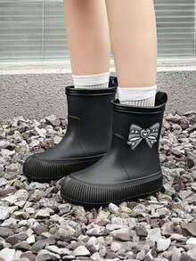Girls' Waterproof Rain Boots, Korean Style Cute Bowknot Warm Lined Outdoor Rainboots - Black and White - View 5