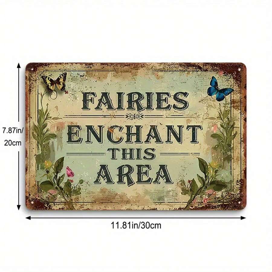 Local1pc Rustic Metal Fairy Tin Sign "Fairies Enchant This Area" - 8x12 Inches, Magical Garden Decor With Vintage Design, Perfect For Outdoor And Indoor Decoration, Durable And Reusable, Fairy Garden Accessories - 金屬噴漆 - 查看 1