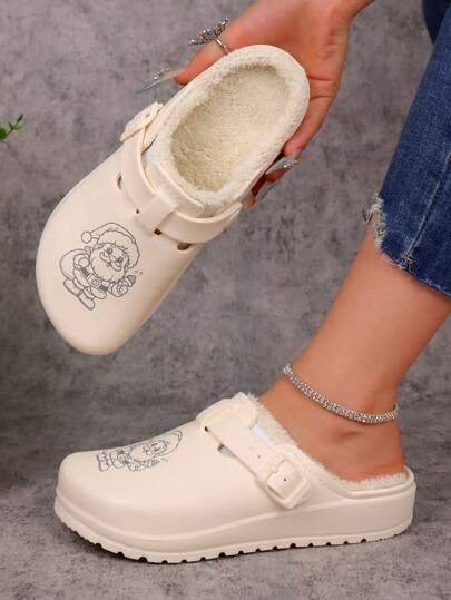 Christmas - Women's Slip-On Shoes - Lightweight EVA Non-Slip Shoes With Adjustable Buckle Strap, Santa Claus Pattern Casual Shoes, Adjustable Strap, Warm - Plush Lining, Fun Pattern Shoe Style, Durable Winter Shoes.