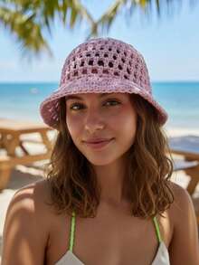 Handmade Crochet Beach Hat Cotton Summer Bucket Hat Headpiece - 淺粉色 - 查看 2