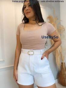 Women's Ribbed Square Neck Short Sleeve Blouse Casual Everyday Top - Beige- - View 1
