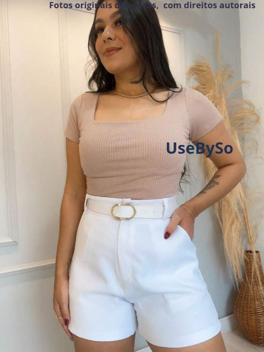 Women's Ribbed Square Neck Short Sleeve Blouse Casual Everyday Top - Beige- - View 1