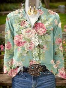 [Vintage Floral Print Blouse] Lightweight Polyester Women's Vintage Floral Print Ruffle Neck Blouse - Long Sleeve, V-Neck, Button-Up Shirt With Pink & White Roses, Perfect For Fall/Winter Outings, Casual Wear - Xanh nhạt - Xem 2
