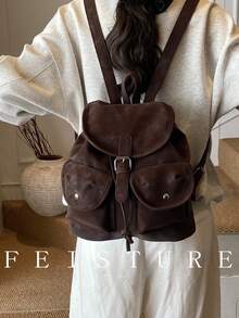 新款秋冬多口袋抽绳背包，轻便学生背包适合日常出游、约会、通勤和上学 - 咖啡 - 查看 6