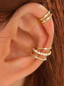 4-Piece Non-Pierced C-Shaped Ear Bone Clips - Suitable For Female Non-Pierced Ear Holes, Adjustable Clip-Type Cartilage Earrings SAOV - Gold - View 1