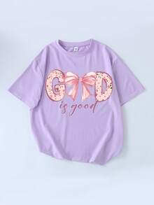 Tween Girl Casual Minimal Pink Bow & Letter Print Pullover T-Shirt, Cute Style, Spring/Summer New Arrivals - Mauve Purple - View 3