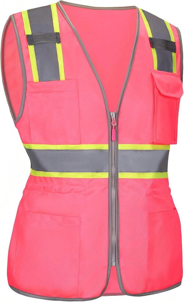 Pink Reflective  Vest For Women With Pockets, High Visibility Construction Work Vest For Lady Workers/Drivers, ANSI Type R Class2, M,24198545