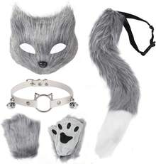4 Pcs Faux Fur Therian Mask And Tail Set For Women Halloween Furry Cat Ears Fox Mask Paw Tail Choker Cos Accessories,24196894 - 灰色 - 查看 1