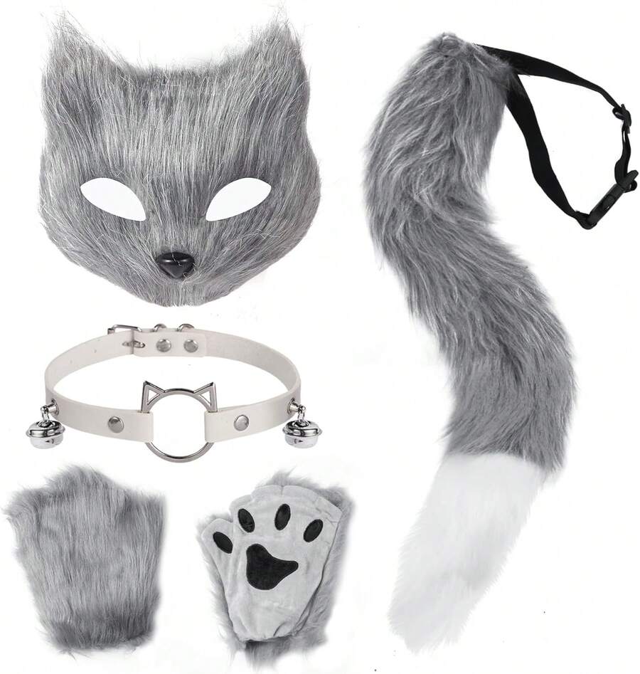 4 Pcs Faux Fur Therian Mask And Tail Set For Women Halloween Furry Cat Ears Fox Mask Paw Tail Choker Cos Accessories,24196894 - 灰色 - 查看 1