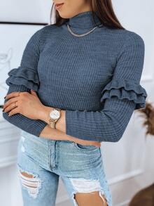 Women's Ribbed Sweater With A Refined Turtleneck And Decorative Ruffles On The Sleeves. Elegant And Soft, This Slim-Fit Sweater Is Made From A Wool And Acrylic Blend And Is Perfect For Everyday Wear And Special Occasions. It Features A Stylish, Feminine Silhouette. - Blue - View 1