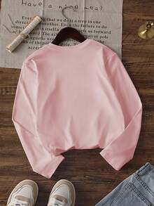 3 件套女童休闲印花圆领长袖 T 恤，秋季学生小童上衣 - 引人注目的 T 恤一定会让孩子们露出笑容 - 粉色 - 查看 5