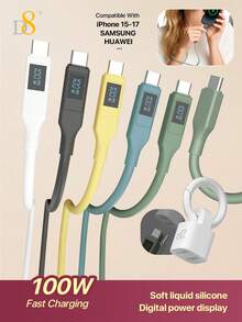 D8 100W 硅胶数字显示 USB-C 数据线 | 超快充电和数据传输二合一 | 数字屏幕实时显示充电状态和功率 | 柔软硅胶材质，抗紫外线，耐磨损，3 英尺长，适合家庭/办公室使用 | 兼容 17/16/15 Pro Max/Air、iPad Pro/Air/Mini | 也兼容三星 S24/S23/S22、14/13、Xperia 和所有安卓手机 - 彩色 - 查看 2