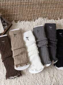 2/4/6 Pairs Women Bow Striped Lace Simple Warm Thigh High Leg Warmers, Collegiate Style Versatile Knee,High Leg Warmers, Autumn/Winter/Spring, Cozy