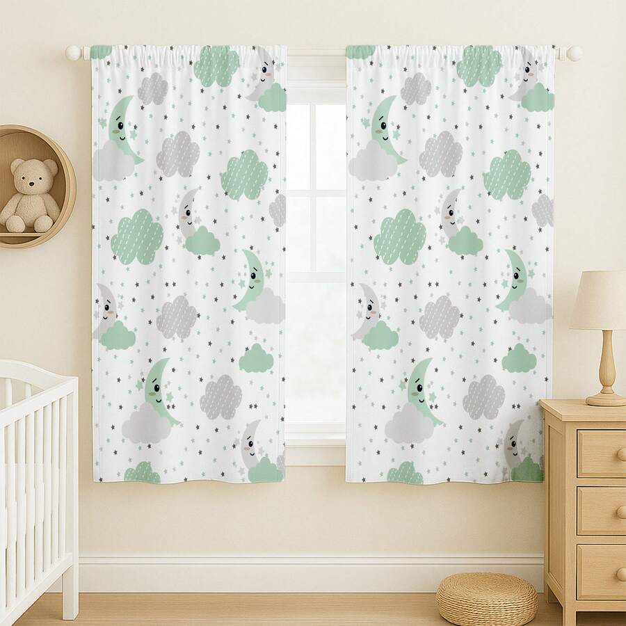 Sublimated Children's Curtain For Baby's Room 2.00x1.50m Boy And Girl Animals Various Prints - Green Moonlight - View 1