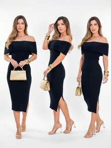 Vestido Modal Tricô  Novo Feminino - Preto - Visão 1