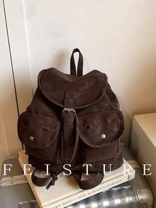 新款秋冬多口袋抽绳背包，轻便学生背包适合日常出游、约会、通勤和上学 - 咖啡 - 查看 3