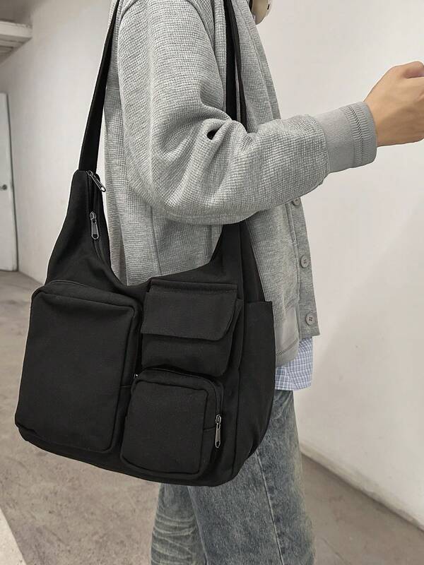 حقيبة كبيرة السعة ذات طراز أنيق، حقيبة كتف كاجوال أحادية اللون بتصميم بسيط، حقيبة ظهر متعددة الجيوب، حقيبة يد