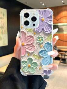 1pc Funda Transparente de TPU con Patrón de Flores Pintadas en Relieve, Compatible con iPhone 11 12 13 14 15 16 17 Promax Pro Plus y Más Regalos para Familia, Amigos, Niños, Cumpleaños, Primavera, Vacaciones, adecuada para Samsung - transparente - Ver 2