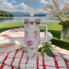 1pc,40 Oz H2.0 Cup,Camping Full Body Floral Pattern, 40oz Cup Stainless Steel Vacuum Insulated Tumbler With Lid And Straw For Water, Iced Tea Or Coffee, Smoothie And More, 40oz Reusable Double Walled Vacuum Insulated Stainless Steel Water Bottle With Handle For Outdoor Activities, ,  For Camping, Hiking, Can A Gift For Friends And Relatives - 40oz繁花白 - 查看 6