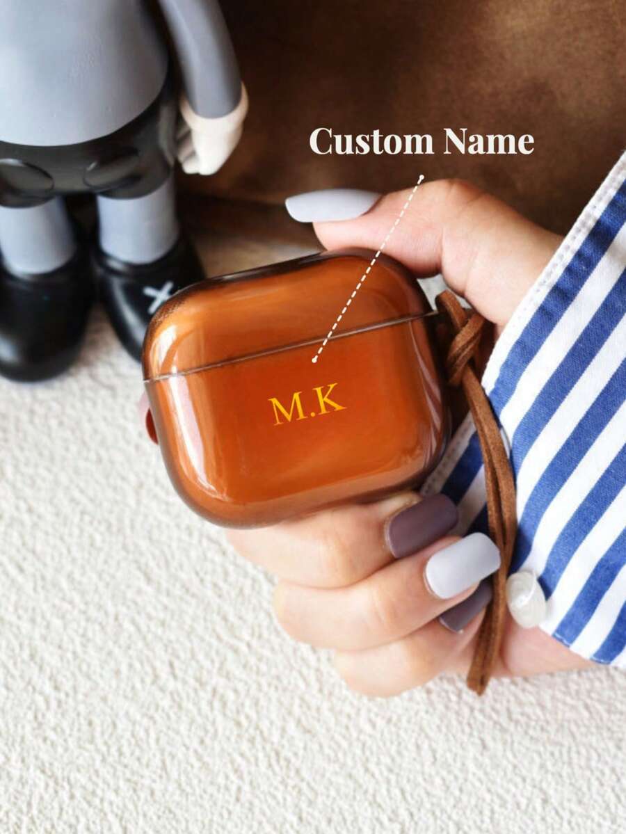 Personalisiertes minimalistisches Morandi-Farbiges Kopfhörertasche in Olivgrün, Schwarz, Blau und Grau, transluzent mit Lederriemen, kreatives Design kompatibel mit Apple Case, tolles Geschenk zum Valentinstag, Geburtstag, Feiertagen, Frauen - Braun - Übersicht 1