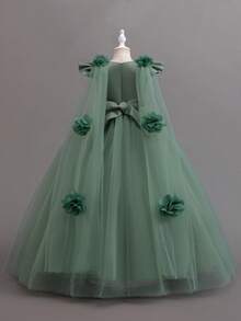 Girls Tulle Flower Girl Dress With 3D Floral Cape And Lace Applique Bow Sash Party Princess Dress For Wedding Birthday Pageant - Màu xanh Bạc hà - Xem 2