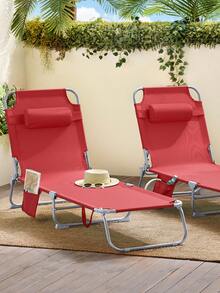 SoBuy OGS35-B Garden Lounger With Side Pocket And Pillow, Airy Folding Sun Lounger For Gardens, Courtyards, Beaches, 110 Kg Load, Blue, W X H X D Approx. 191 X 19 X 56 Cm - Red - View 2