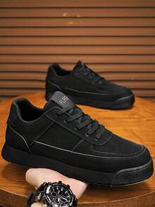 1 Pair Solid Color Patchwork Basic PU Leather Criss-Cross Strap Men's Shoes, Outdoor/Indoor College Style All Season Sneakers, 2025 New Design Minimalist Casual Retro Chunky Sneakers, Comfortable Lightweight Round Toe Travel Shoes, Black Low-Top Lace-Up Hiking Shoes, Yellow Non-Slip Breathable Skate Shoes, Niche Solid Color Skateboarding Shoes, Size 46 - Black - View 13