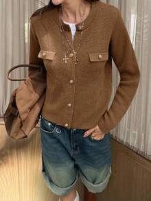 MORI Women's Spring/Autumn New Knitted Cardigan, Casual Chic Street Style, Metal Button Round Neck Design, Suitable For Commuting And Daily Wear, Solid Brown Sweater Top, Suitable For New Year - Chocolate Brown - View 4