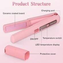2 In 1 Cordless Curling Iron - Hair Straightener With Comb, Clip, Bag. Hot Tools Curling Iron, Portable Flat Iron, Travel-Friendly Hair Styling Kit, Gifts For Women (Pink) - 粉色 - 查看 4