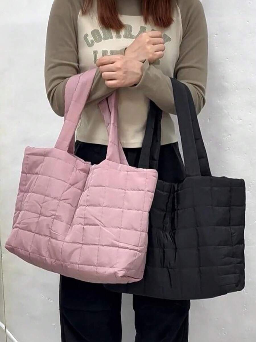 1pc Lightweight, Business Casual Ultra-Lightweight High-Capacity Quilted Tote Bag For Teen Girls Women College Students, Solid Color, Soft Underarm Shoulder Bag, Handbag For Daily Office Party, Casual Style Bag, School Supplies, School Tote Bag, Tote Bags For School, College Essentials