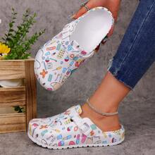 pueenb Women's Fashion Cartoon Print Closed Toe Shoes, Wooden Clog-Style All-Season Work Shoes, Lightweight Flat Perforated Shoes, Comfortable Soft Soles, Adjustable Buckle Closure, Closed Toe, Suitable For Beach, Garden And Autumn Wear - White - View 13