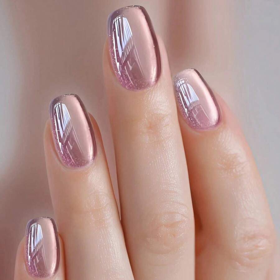 24pcs Metallic Rose Gold Press On Nails, Short Oval Glossy Fake Nails, Mirror Chrome Effect Full Cover Artificial Finger Nails For Women & Girls - MY063 - Xem 1